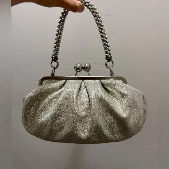 Silver Glitter Sheepskin Handmade Kisslock Slouchy Clutch/Wristlet/Crossbody